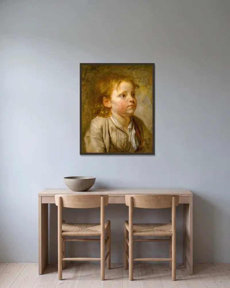 Huvud av en ung pojke av Jean-Baptiste Greuze inramad på en vägg