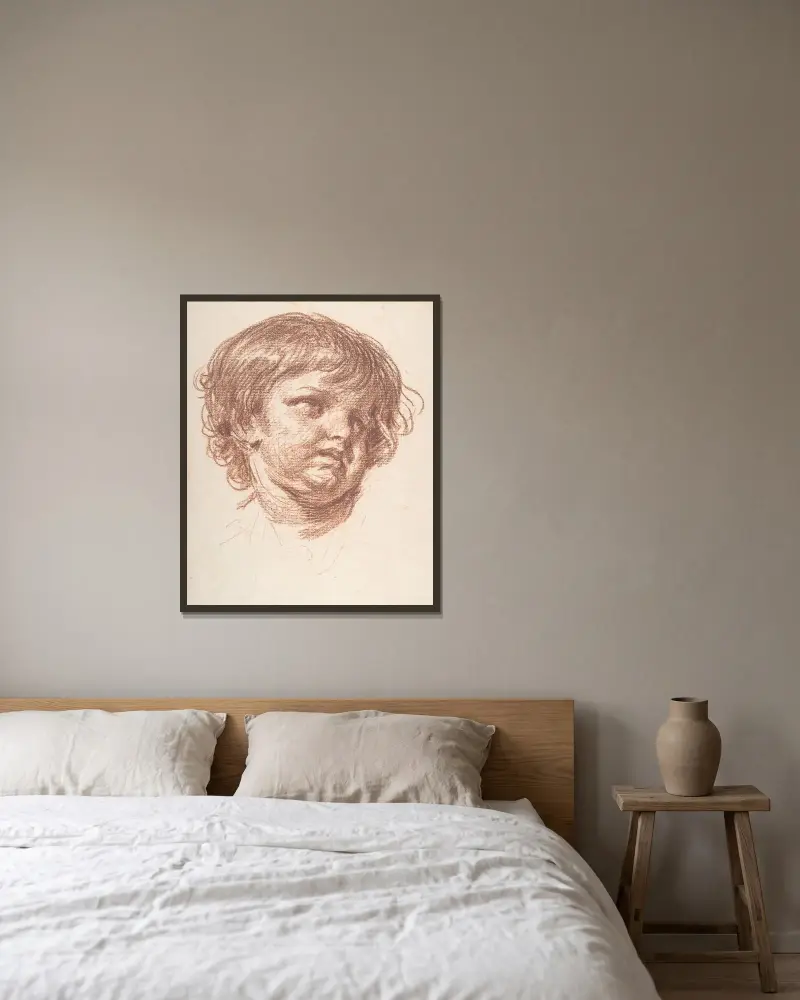 Huvud av en ung pojke av Jean-Baptiste Greuze inramad på en vägg