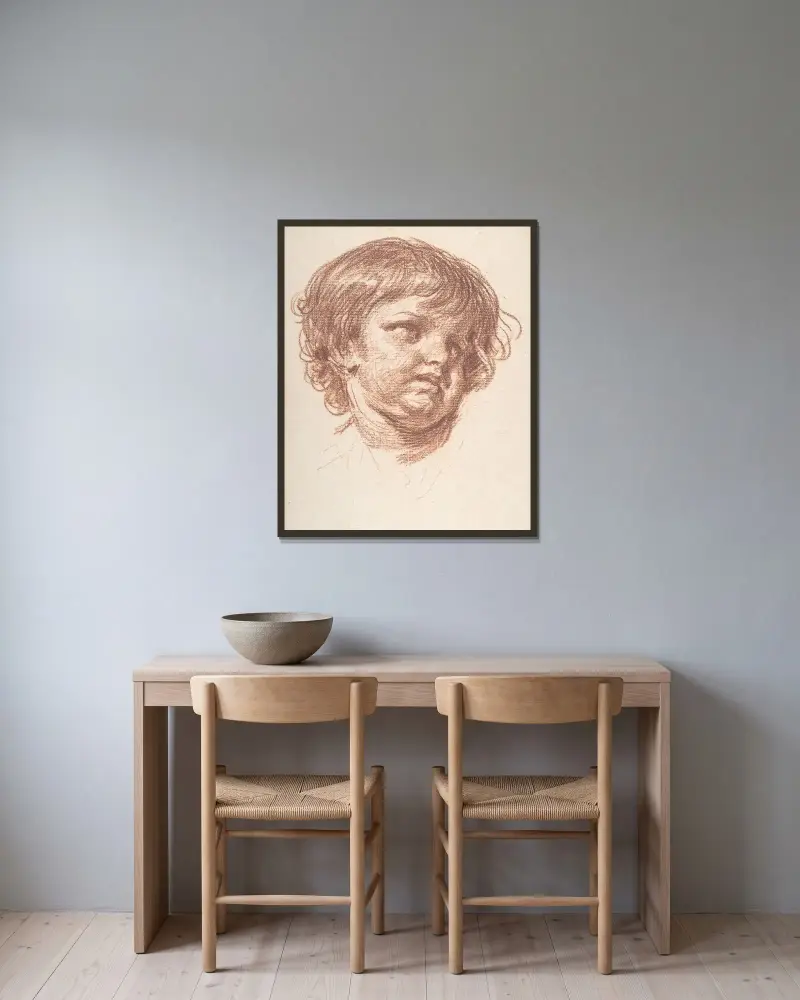 Huvud av en ung pojke av Jean-Baptiste Greuze inramad på en vägg