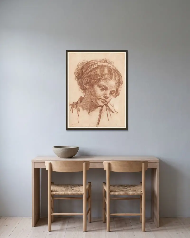 Ung flickas huvud av Jean-Baptiste Greuze inramad på en vägg