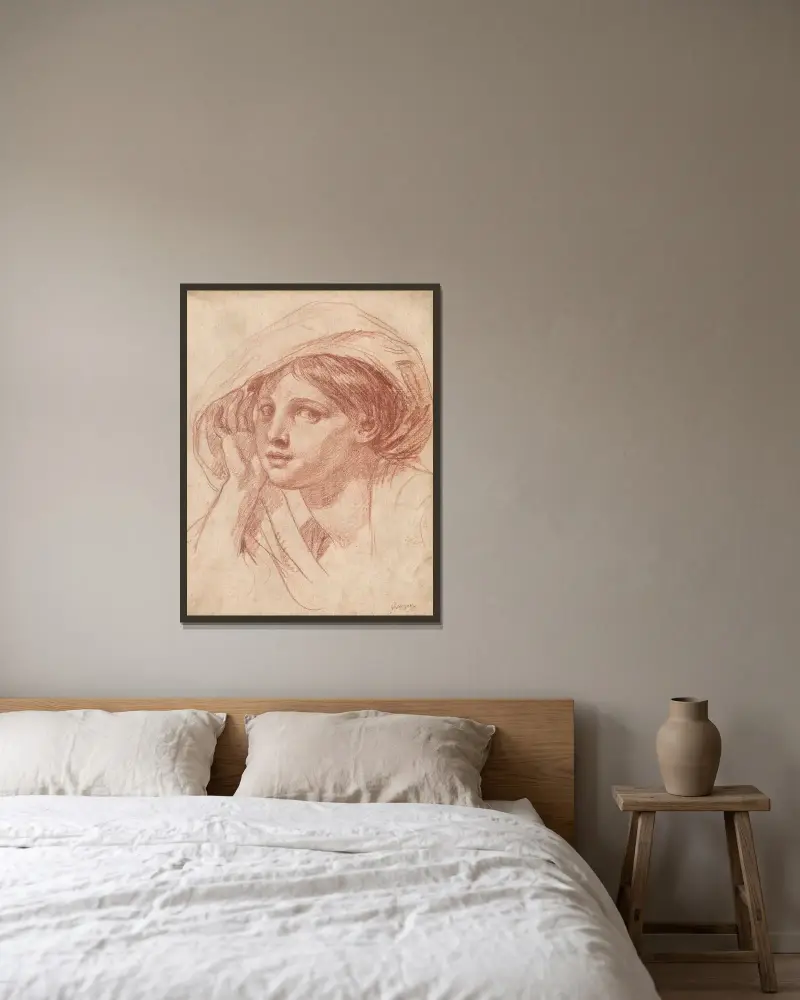 Ung kvinnas huvud av Jean-Baptiste Greuze inramad på en vägg