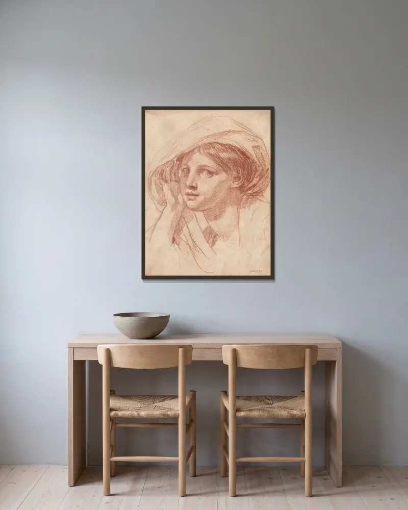 Ung kvinnas huvud av Jean-Baptiste Greuze inramad på en vägg