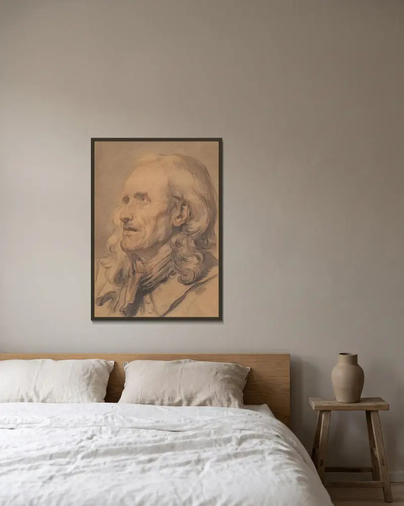 Gammal mans huvud, studie till Äktenskapskontraktet av Jean-Baptiste Greuze inramad på en vägg