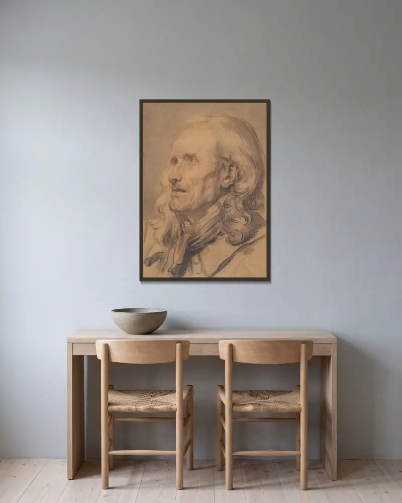 Gammal mans huvud, studie till Äktenskapskontraktet av Jean-Baptiste Greuze inramad på en vägg