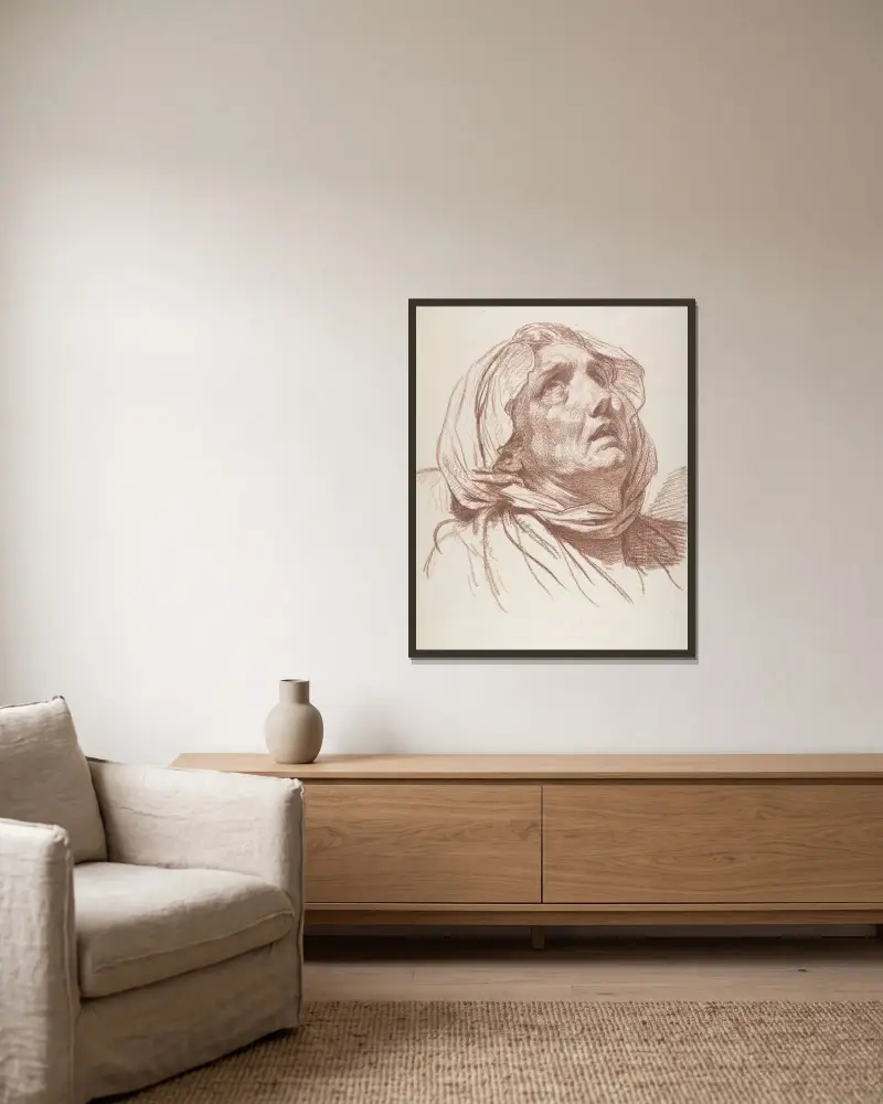 Ett gammalt kvinnohuvud som ser upp av Jean-Baptiste Greuze inramad på en vägg