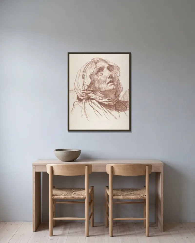 Ett gammalt kvinnohuvud som ser upp av Jean-Baptiste Greuze inramad på en vägg