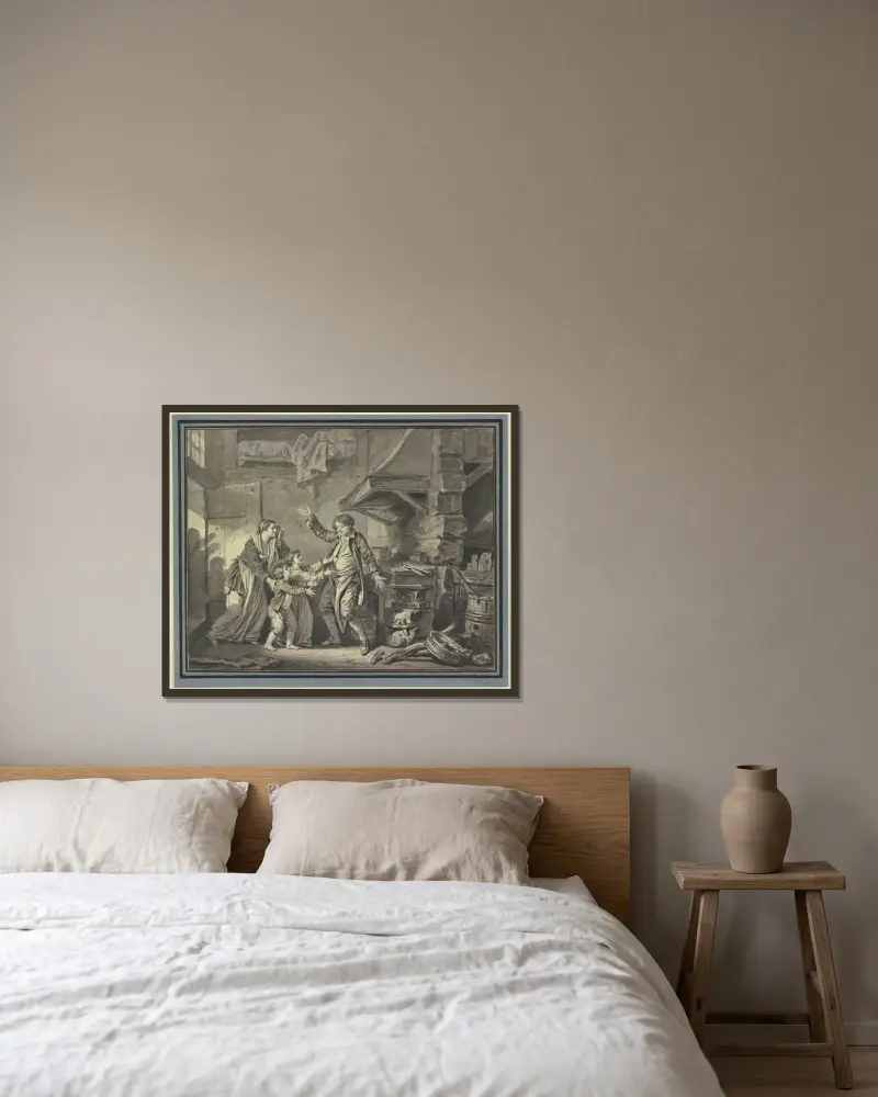 I en smedja bönfaller en kvinna med två barn en man av Jean-Baptiste Greuze inramad på en vägg