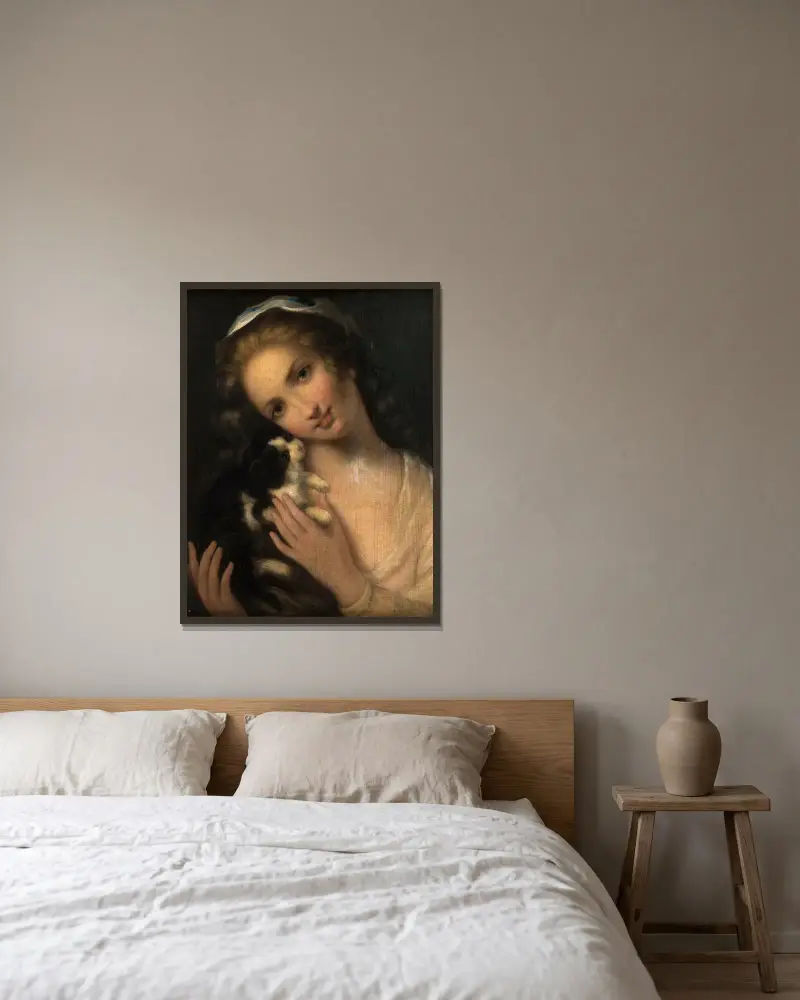 Jeune fille au chat av Jean-Baptiste Greuze inramad på en vägg