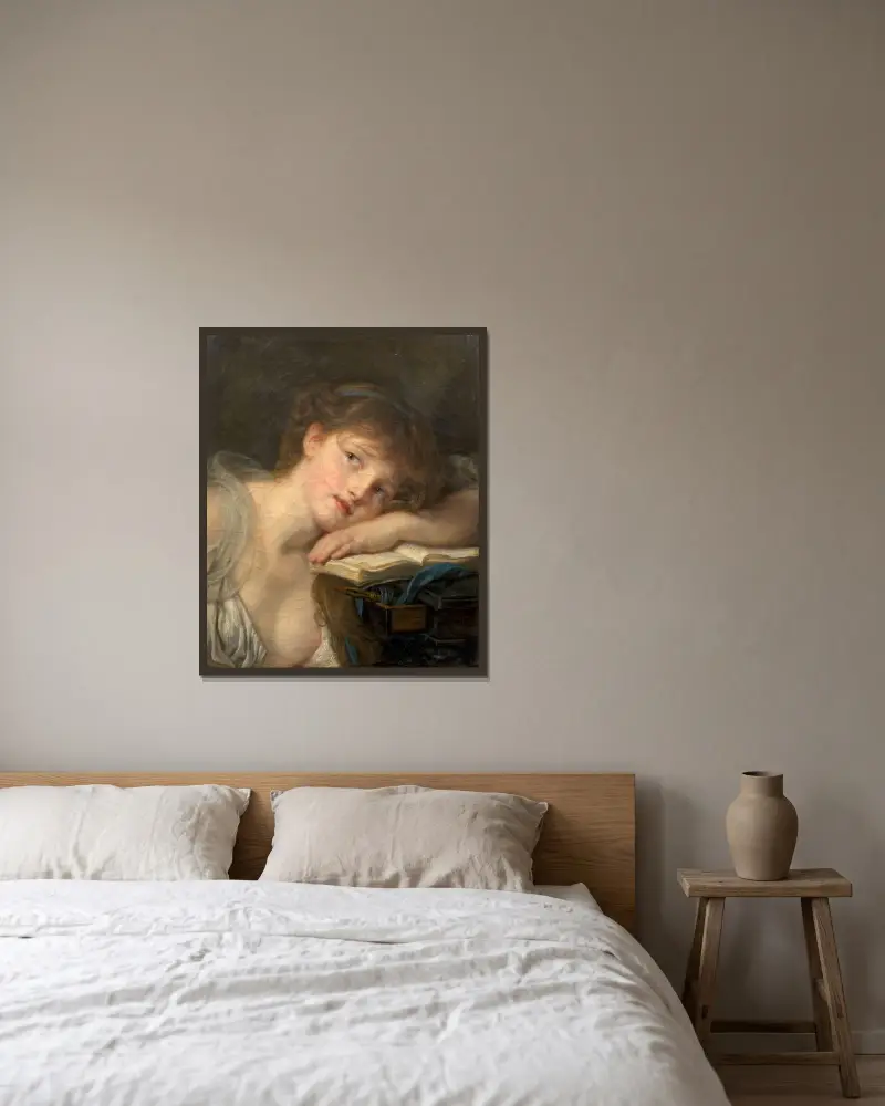 Tankfull ung flicka (Läsaren) av Jean-Baptiste Greuze inramad på en vägg
