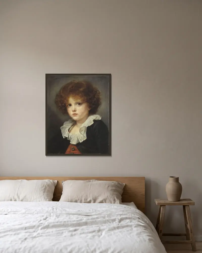 Liten pojke i röd väst av Jean-Baptiste Greuze inramad på en vägg