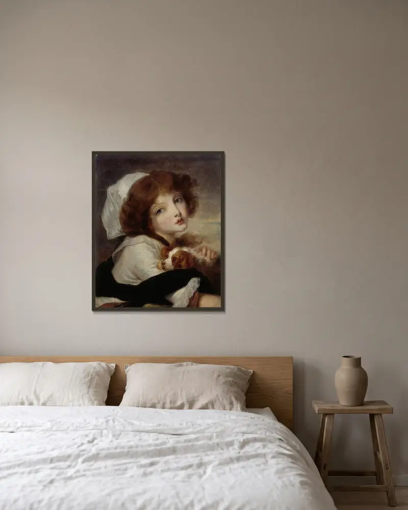 Porträtt av flicka med liten hund av Jean-Baptiste Greuze inramad på en vägg