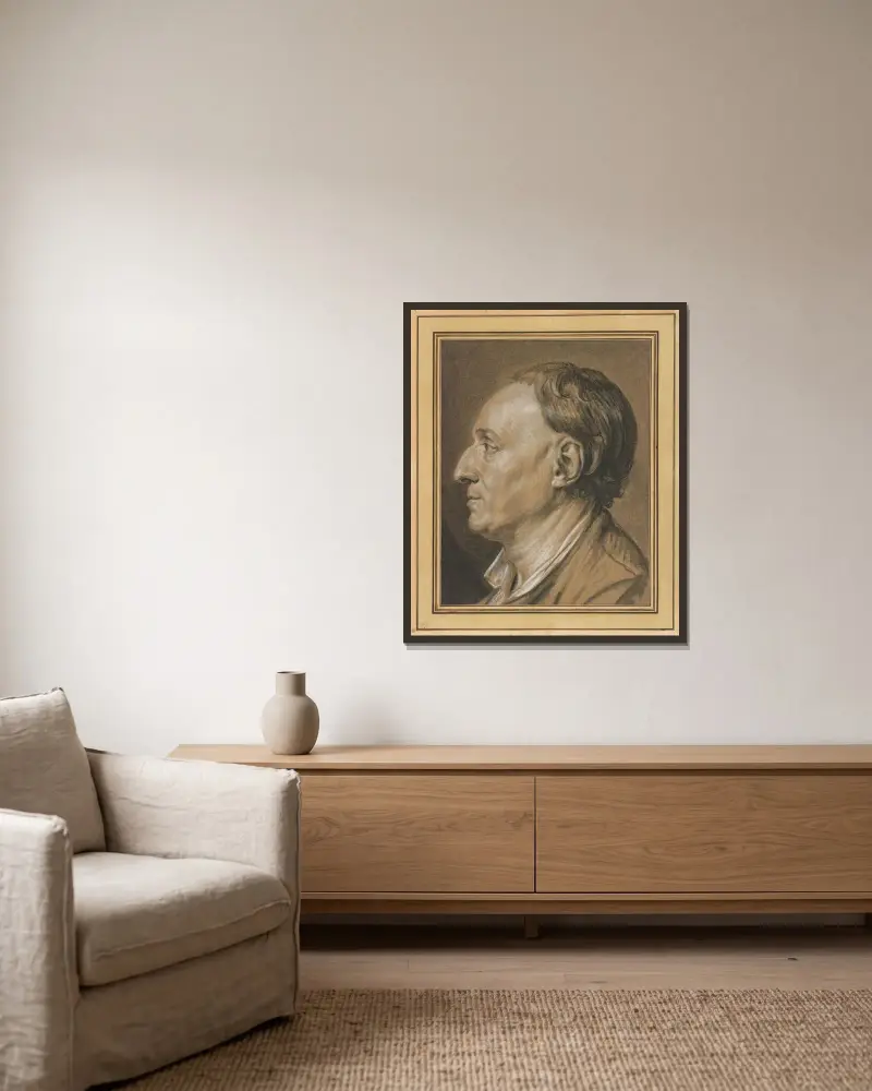 Porträtt av Denis Diderot av Jean-Baptiste Greuze inramad på en vägg