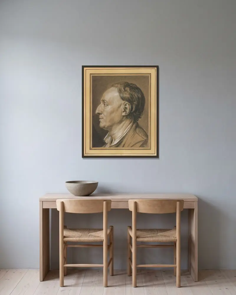Porträtt av Denis Diderot av Jean-Baptiste Greuze inramad på en vägg