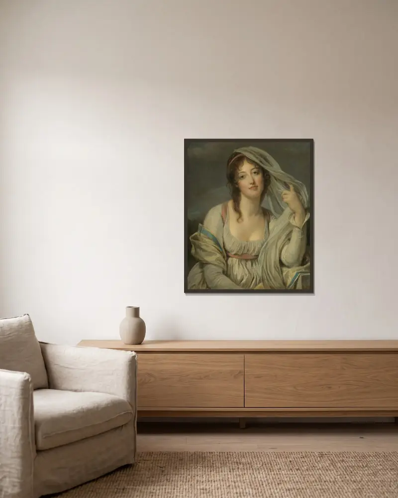 Porträt der Madame Van Westrenen von Tremaat von Jean-Baptiste Greuze gerahmt an einer Wand
