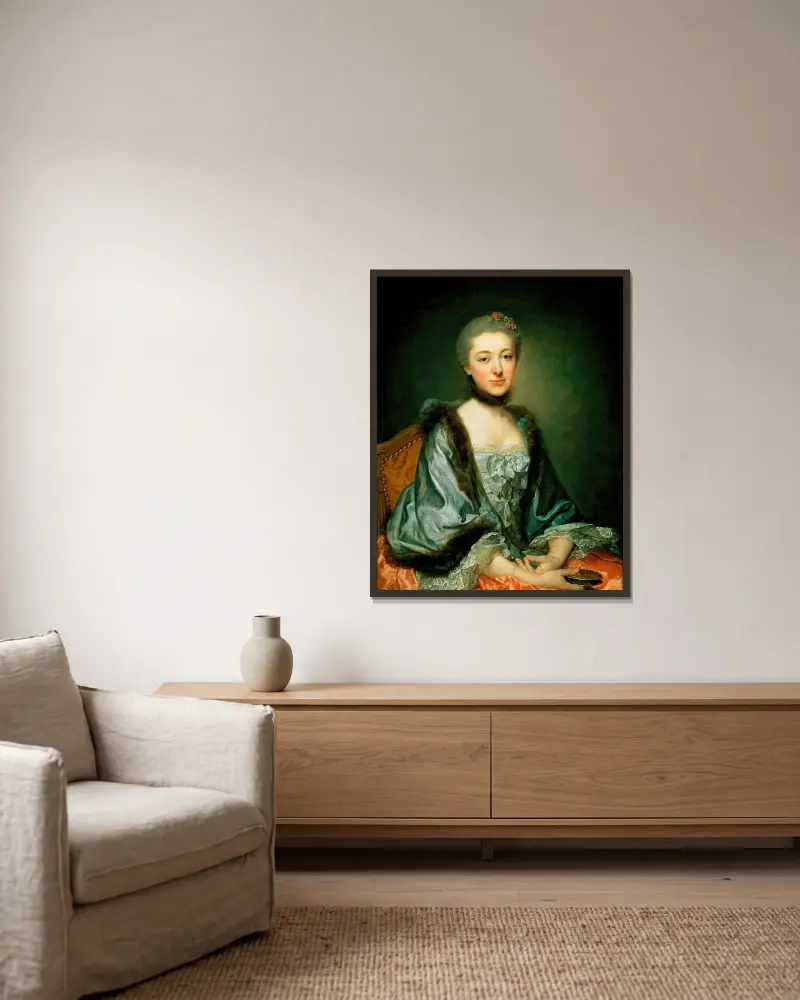 Portrait of Marie Angélique Vérany de Varennes, Mme Georges Gougenot de Croissy av Jean-Baptiste Greuze inramad på en vägg