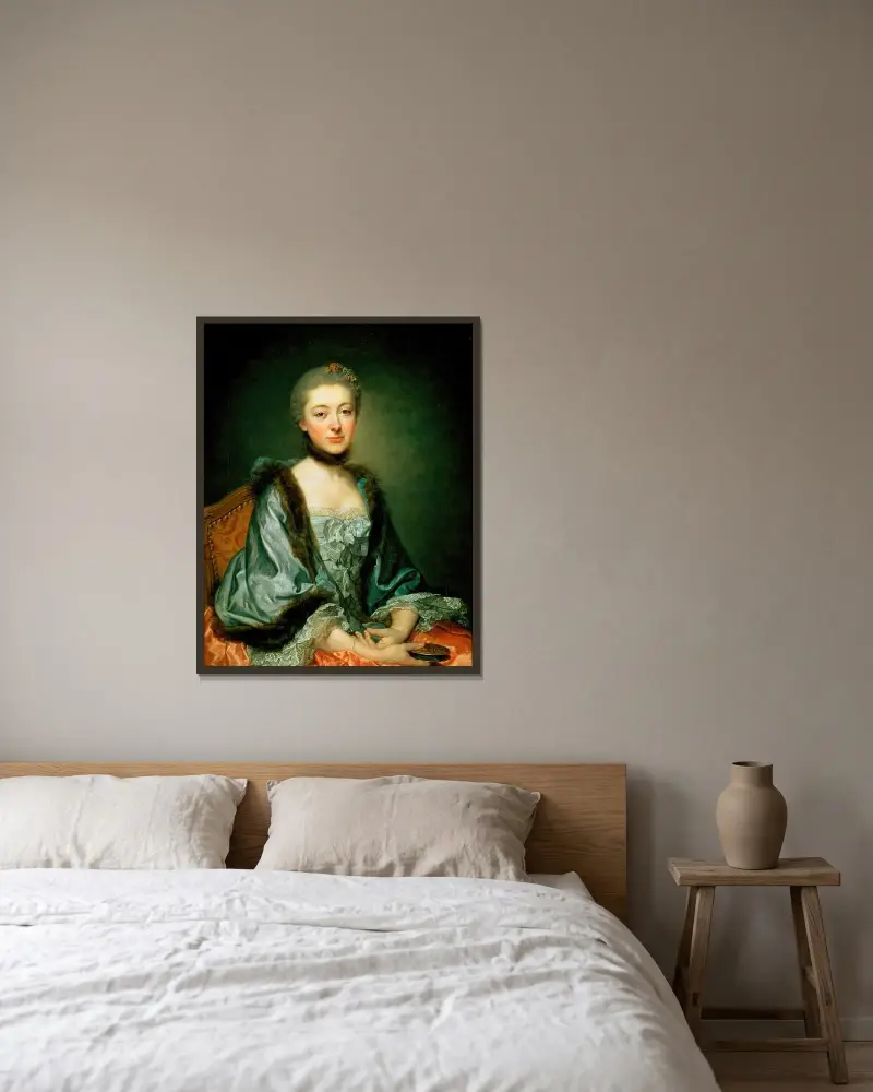 Portrait of Marie Angélique Vérany de Varennes, Mme Georges Gougenot de Croissy av Jean-Baptiste Greuze inramad på en vägg