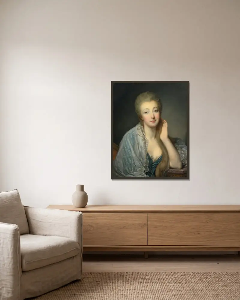 Porträtt av grevinnan du Barry av Jean-Baptiste Greuze inramad på en vägg