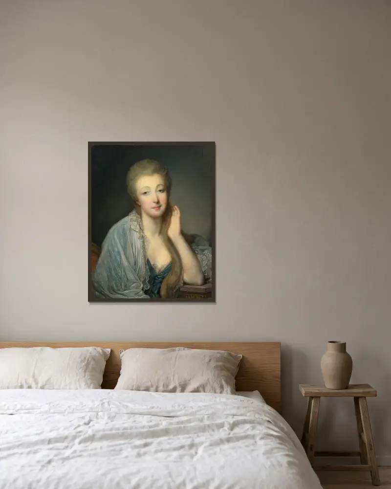 Porträtt av grevinnan du Barry av Jean-Baptiste Greuze inramad på en vägg