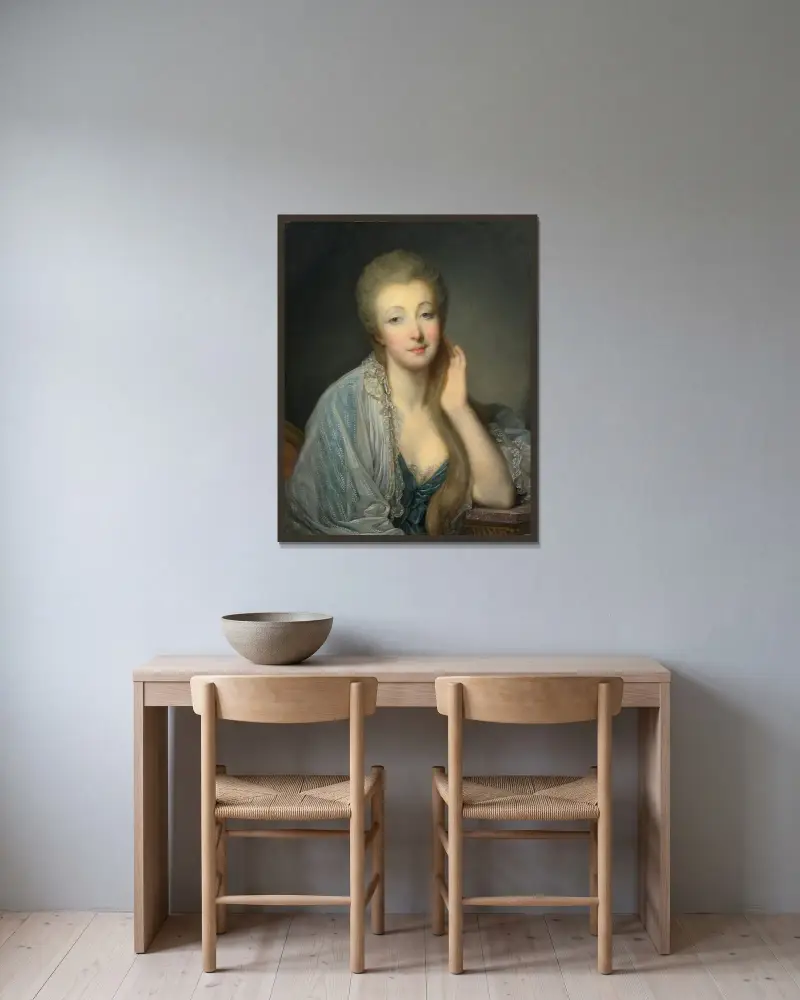 Porträtt av grevinnan du Barry av Jean-Baptiste Greuze inramad på en vägg