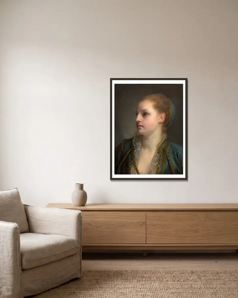 Förmodat porträtt av Mademoiselle Clairon av Jean-Baptiste Greuze inramad på en vägg