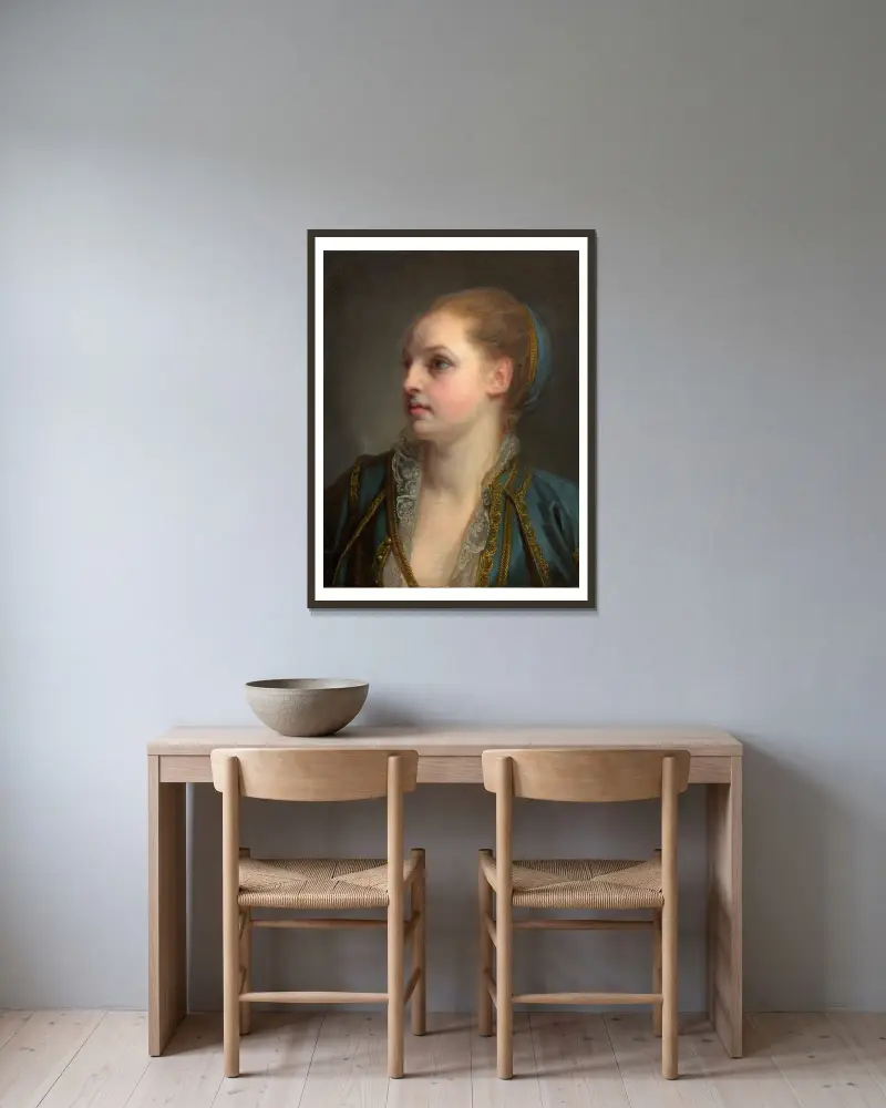 Förmodat porträtt av Mademoiselle Clairon av Jean-Baptiste Greuze inramad på en vägg