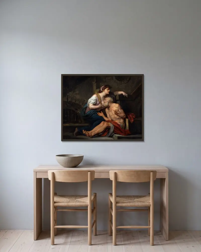 Romersk barmhärtighet av Jean-Baptiste Greuze inramad på en vägg