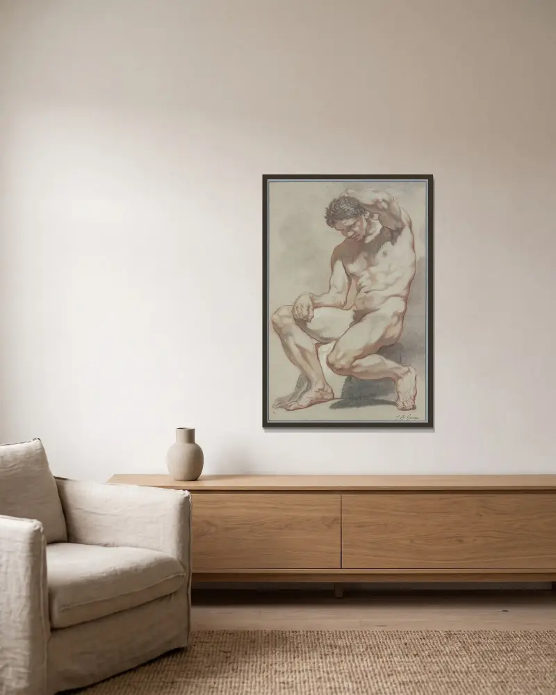 Sittande manlig akt av Jean-Baptiste Greuze inramad på en vägg