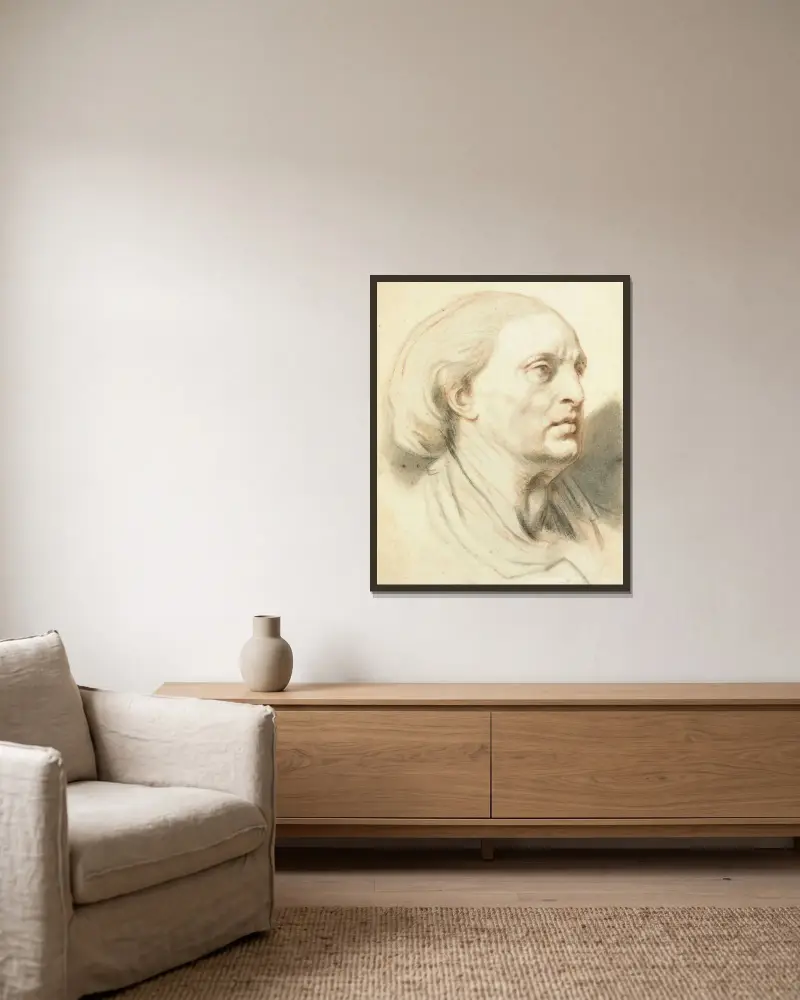 Studie av en mans huvud av Jean-Baptiste Greuze inramad på en vägg