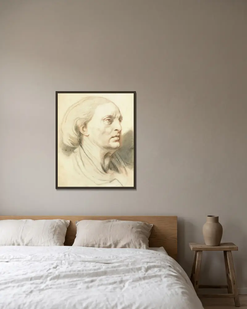 Studie av en mans huvud av Jean-Baptiste Greuze inramad på en vägg