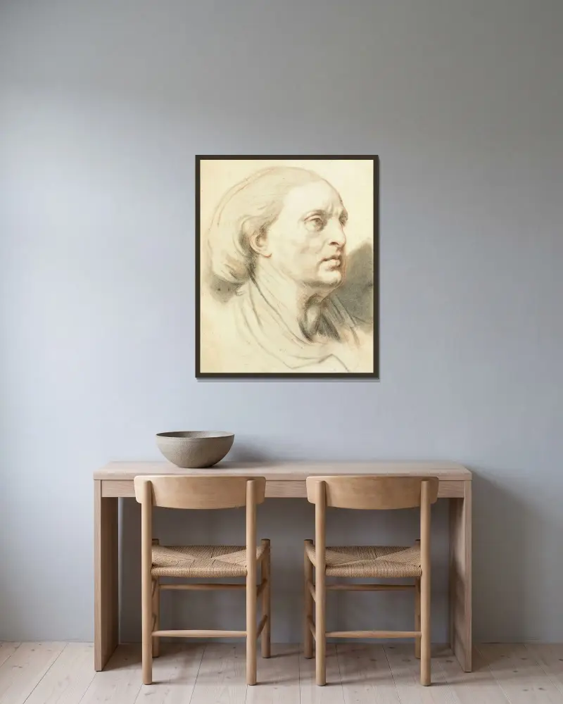 Studie av en mans huvud av Jean-Baptiste Greuze inramad på en vägg