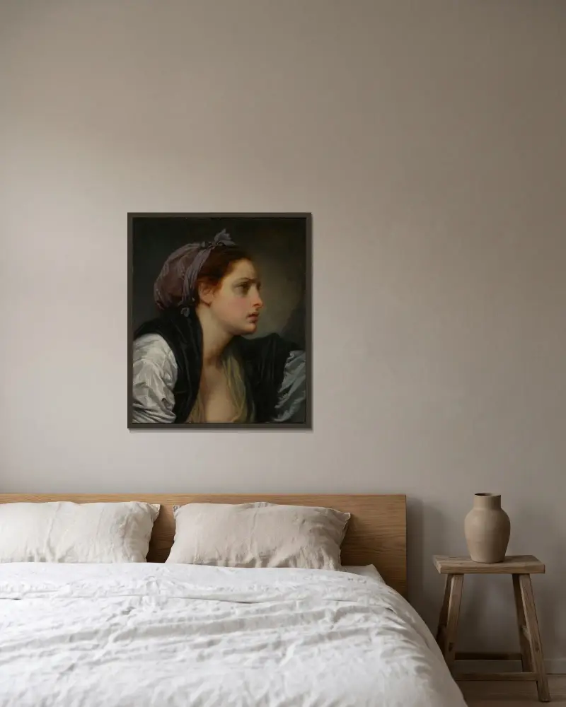 Studie av en kvinnas huvud av Jean-Baptiste Greuze inramad på en vägg