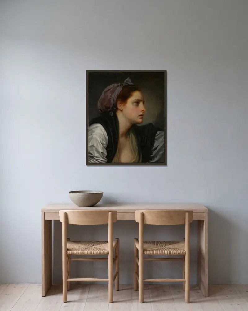 Studie av en kvinnas huvud av Jean-Baptiste Greuze inramad på en vägg