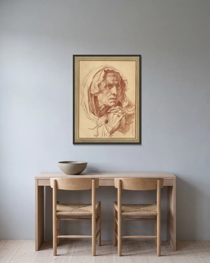 Studie av en gammal kvinnas huvud av Jean-Baptiste Greuze inramad på en vägg
