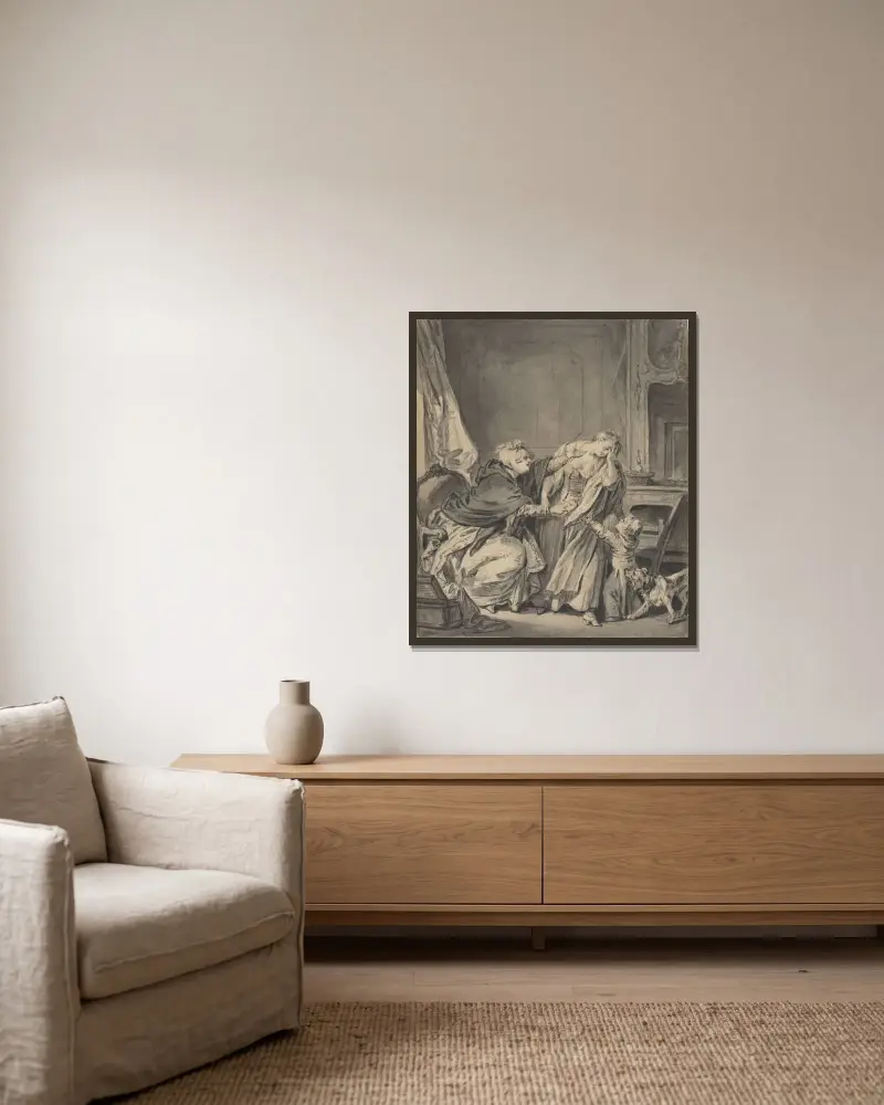 Den arga modern av Jean-Baptiste Greuze inramad på en vägg