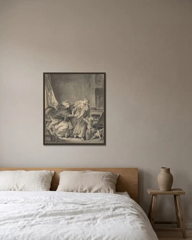 Den arga modern av Jean-Baptiste Greuze inramad på en vägg