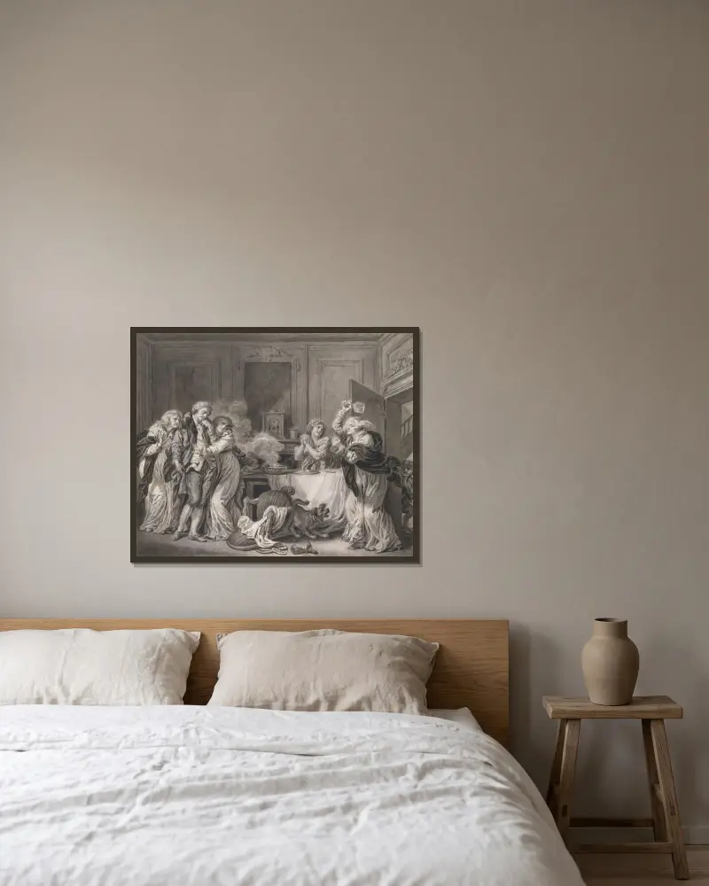 Den arga hustrun av Jean-Baptiste Greuze inramad på en vägg
