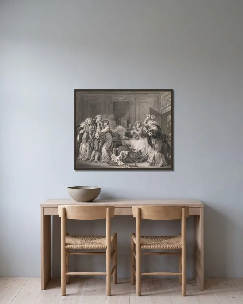 Den arga hustrun av Jean-Baptiste Greuze inramad på en vägg