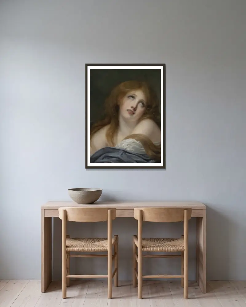 The Bust of a Young Girl, Called Virginie av Jean-Baptiste Greuze inramad på en vägg