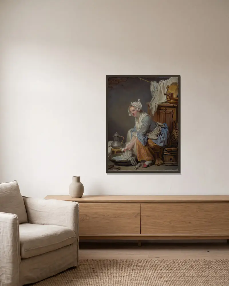 Die Wäscherin von Jean-Baptiste Greuze gerahmt an einer Wand