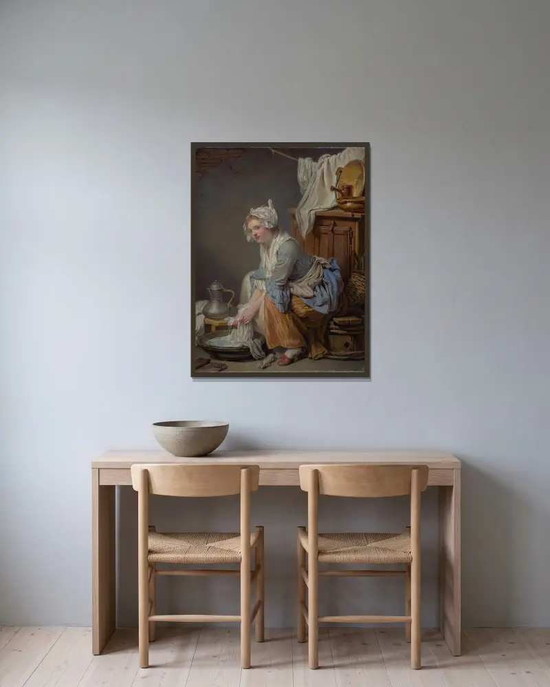 Die Wäscherin von Jean-Baptiste Greuze gerahmt an einer Wand