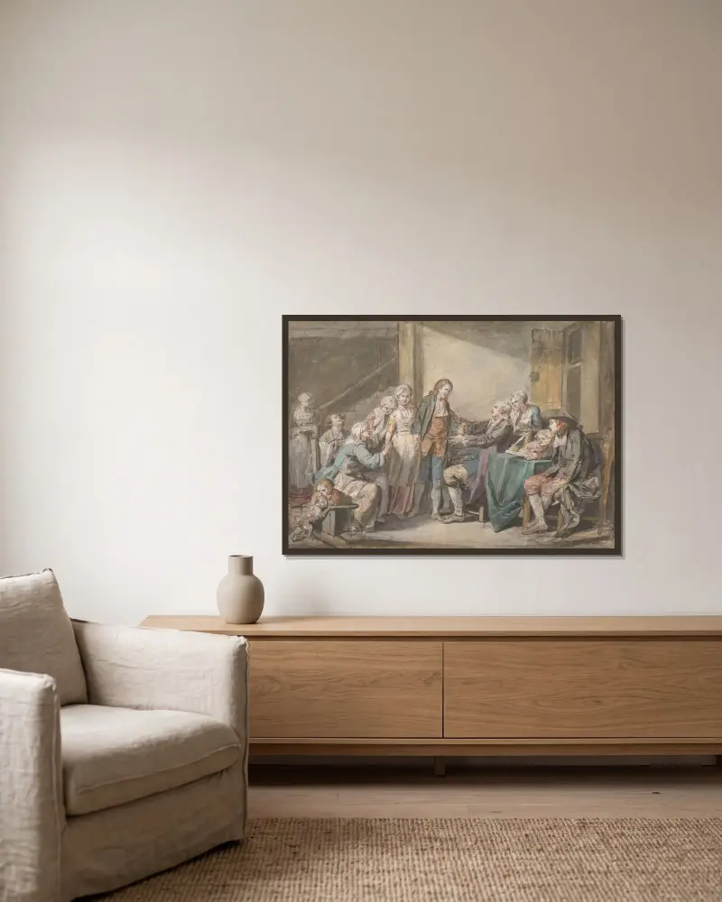 Äktenskapskontraktet av Jean-Baptiste Greuze inramad på en vägg