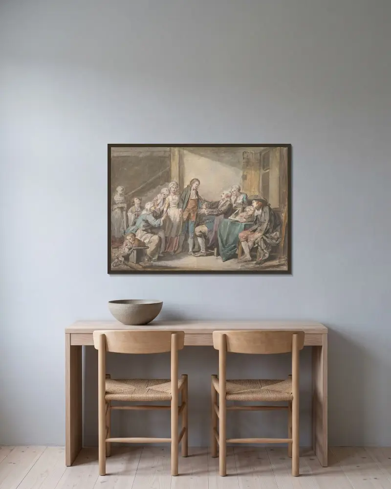 Äktenskapskontraktet av Jean-Baptiste Greuze inramad på en vägg