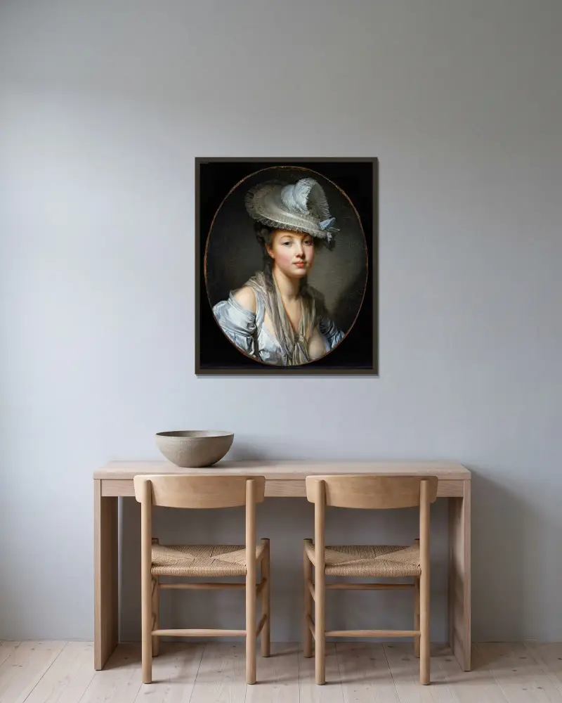 Den vita hatten av Jean-Baptiste Greuze inramad på en vägg