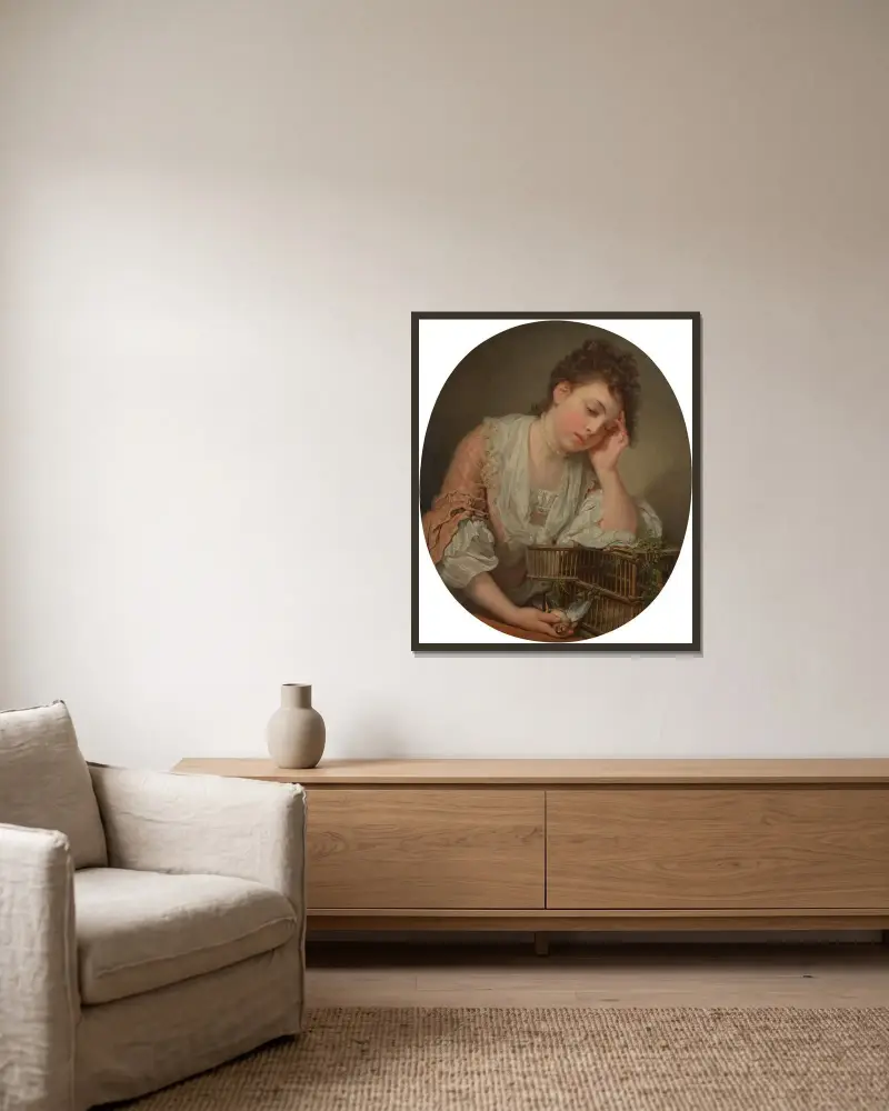 En ung flicka som sörjer sin döda fågel av Jean-Baptiste Greuze inramad på en vägg