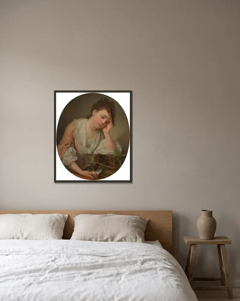En ung flicka som sörjer sin döda fågel av Jean-Baptiste Greuze inramad på en vägg