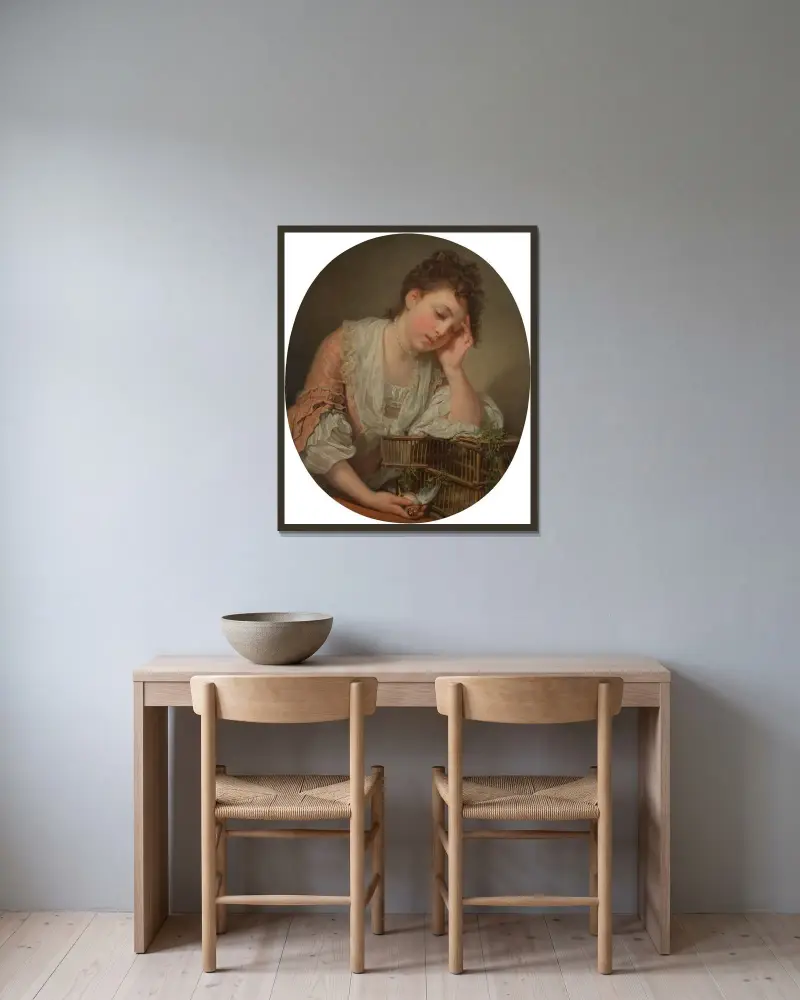 En ung flicka som sörjer sin döda fågel av Jean-Baptiste Greuze inramad på en vägg