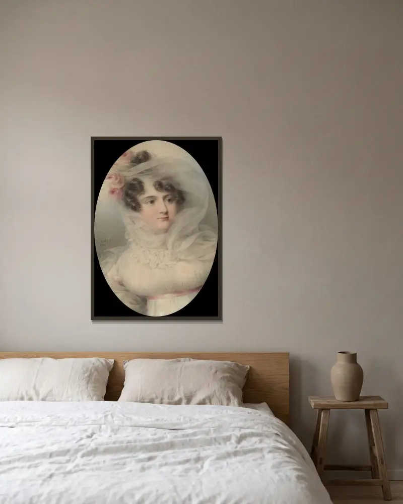 Porträtt av Hortense de Perregaux, hertiginna av Ragusa av Jean-Baptiste Isabey inramad på en vägg