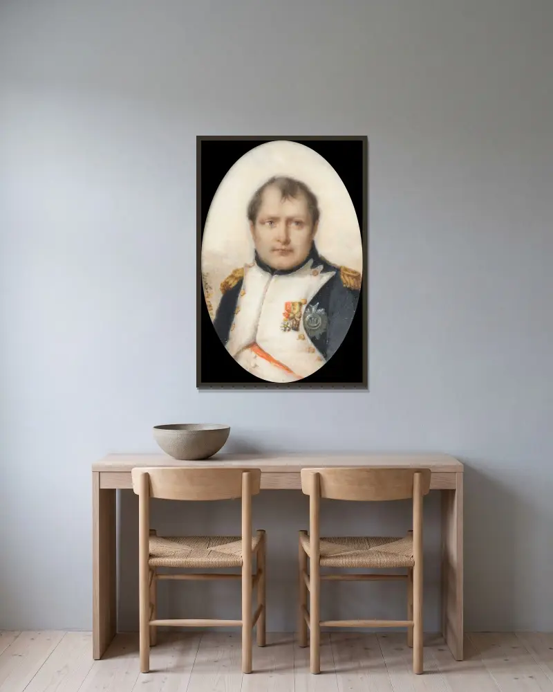 Porträt von Napoleon I., Kaiser der Franzosen von Jean-Baptiste Isabey gerahmt an einer Wand