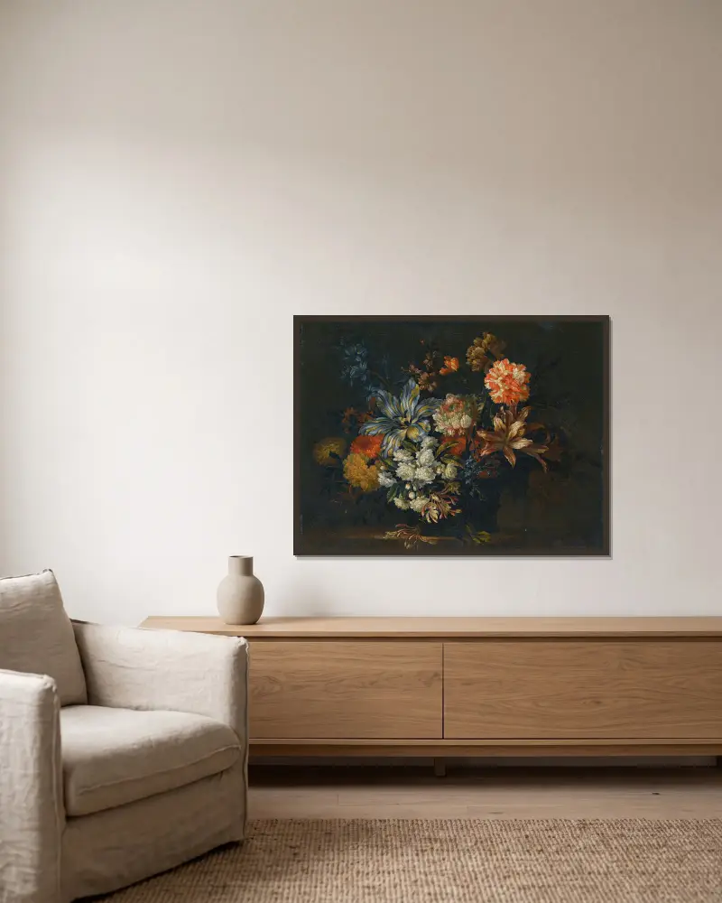 A Still Life Of Lillies, Honeysuckle And Other Flowers In A Vase On A Ledge av Jean-Baptiste Monnoyer inramad på en vägg