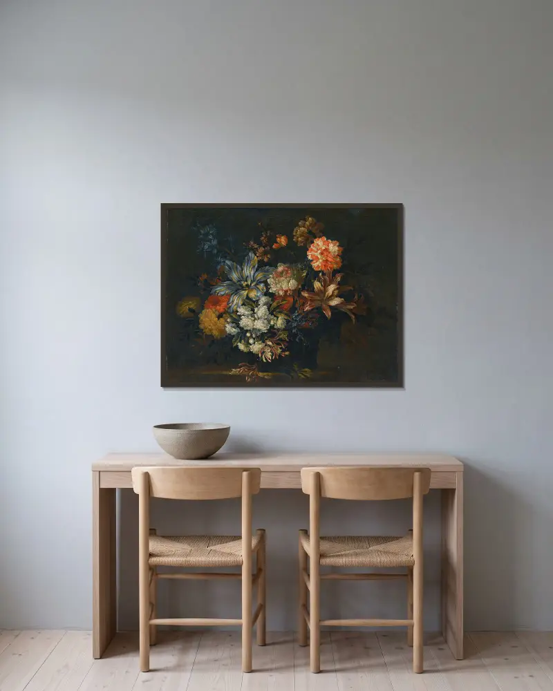 A Still Life Of Lillies, Honeysuckle And Other Flowers In A Vase On A Ledge av Jean-Baptiste Monnoyer inramad på en vägg